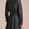 Double Breasted Women's Black Leather Mid Length Coat