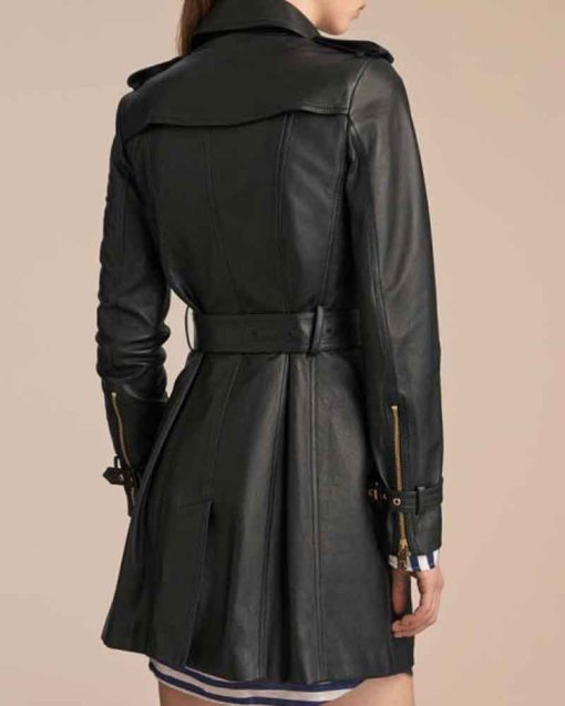 Double Breasted Women's Black Leather Mid Length Coat