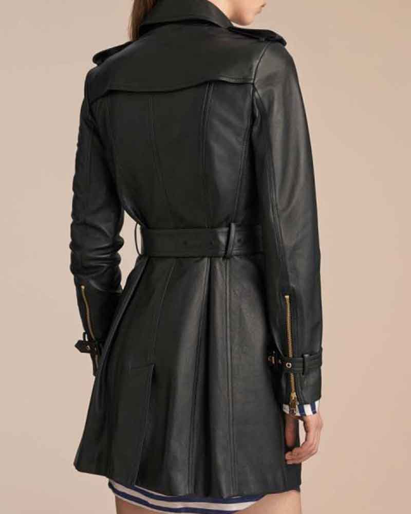 Double Breasted Women's Mid Lenght Black Leather Coat