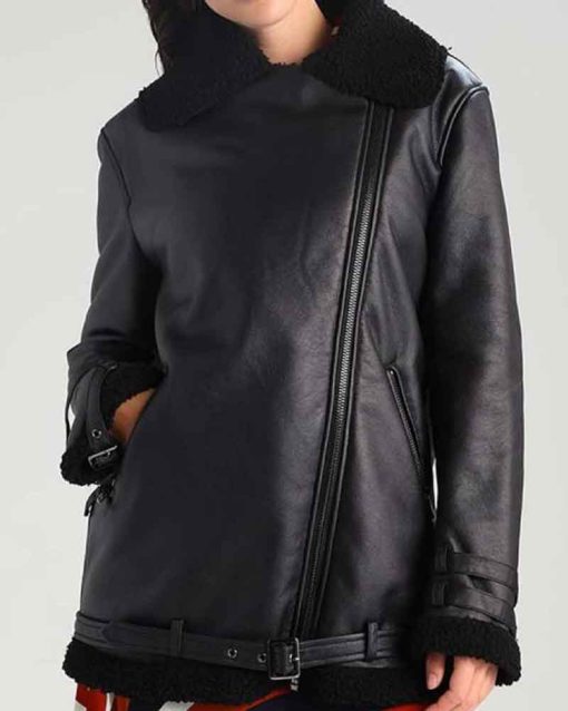 Womens Black Leather Shearling Aviator Jacket