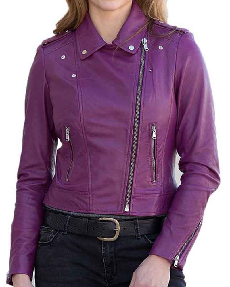 Classic Women's Purple Motorcycle Leather Jacket Danezon