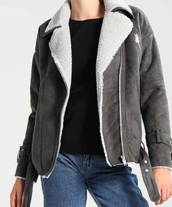 Womens Shearling Grey Suede Leather Jacket