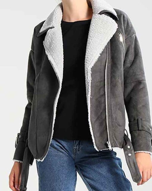 Womens Shearling Grey Suede Leather Jacket