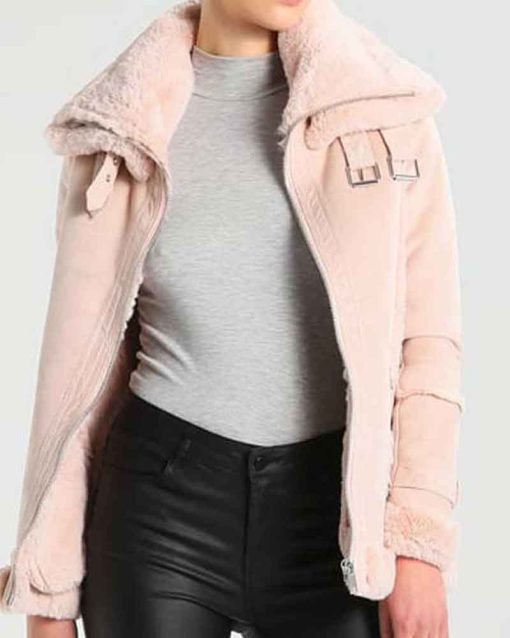 Women's Style Pink Suede Leather Shearling Jacket