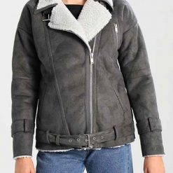 Women's Motorcycle Shearling Grey Suede Leather Jacket