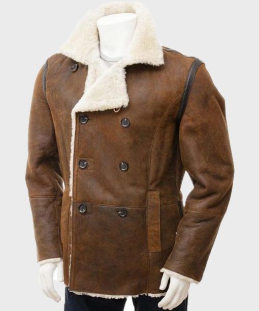 Mens Double Breasted Distressed Brown Coat