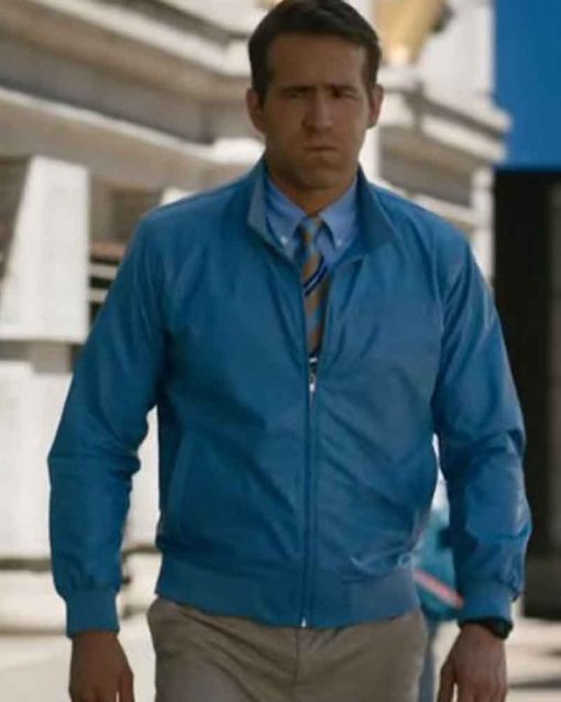 Ryan Reynolds Blue Leather Free Guy Bomber Jacket