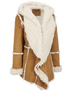 Womens Brown Suede Faux Fur Overcoat With Hood