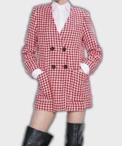 Lily Collins Emily in Paris Red Houndstooth Coat