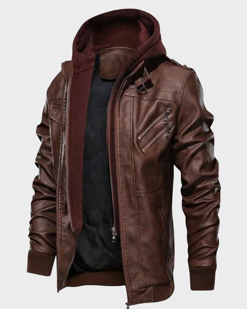 Casual Biker Leather Bomber Jacket with Removable Hood