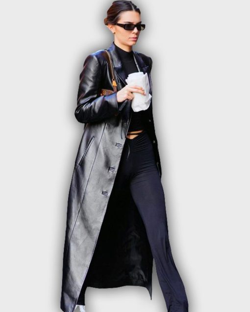 Kendall Jenner Black Leather Long Coat