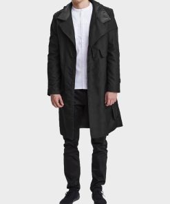 Mens Black Hooded Mid-Length Coat