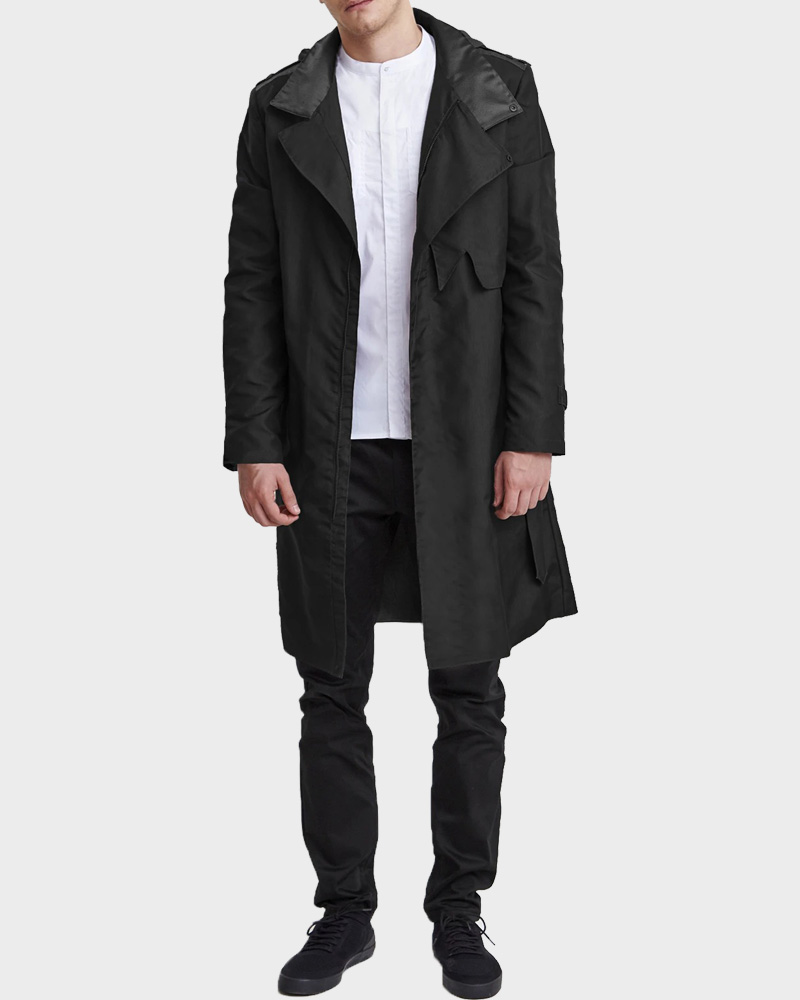Mens Trench Coat | Black Hooded Zipper Raincoat