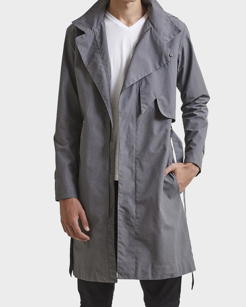 Mens Zipper Trench Coat | Grey Hooded for Mens - Danezon
