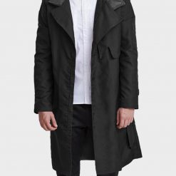 Black Hooded Mid-Length Coat for Mens