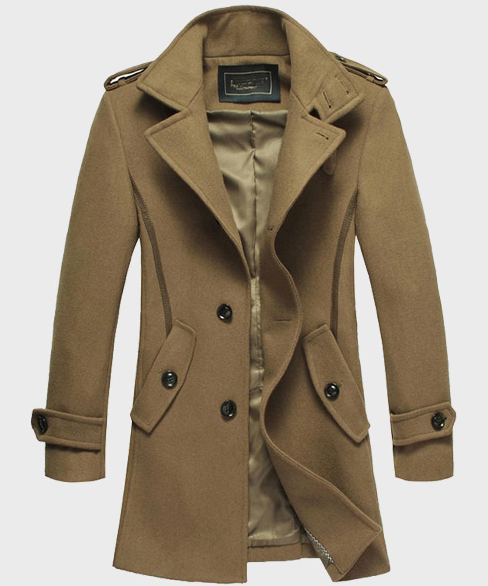 Mens Elegant Brown Wool-Blend Mid-Length Coat