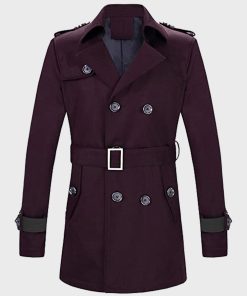 Mens Double-Breasted Maroon Wool Coat with Belt