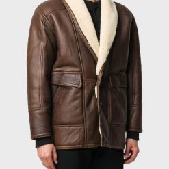Vintage Mens Style Brown Leather Jacket with Shearling Collar