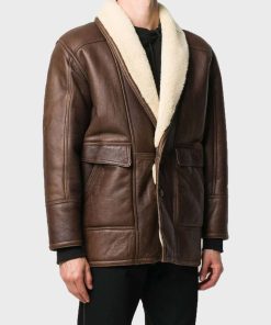 Vintage Mens Style Brown Leather Jacket with Shearling Collar
