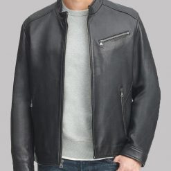 Men's Black Leather Stand-up Collar Jacket
