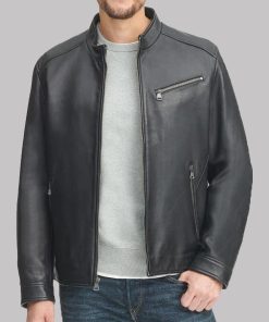 Men's Black Leather Stand-up Collar Jacket