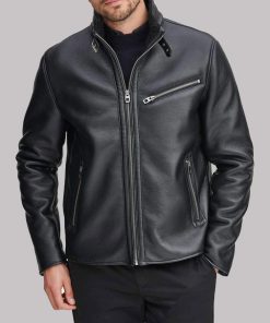 Men's Black Leather Faux Shearling Collar Jacket