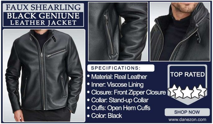 Faux Shearling Black Geniune Leather Jacket - Danezon