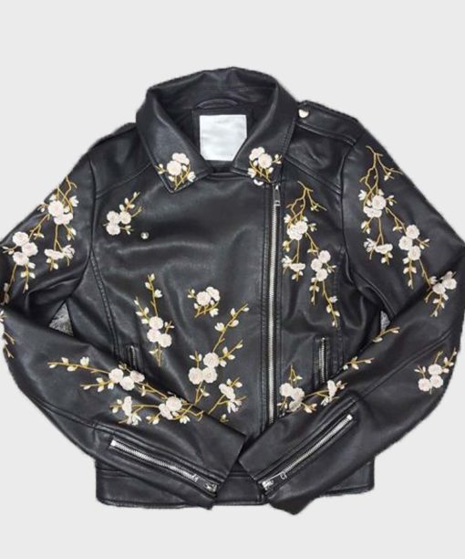 Find Me In Paris Lena Grisky Leather Jacket With Floral Embroidery