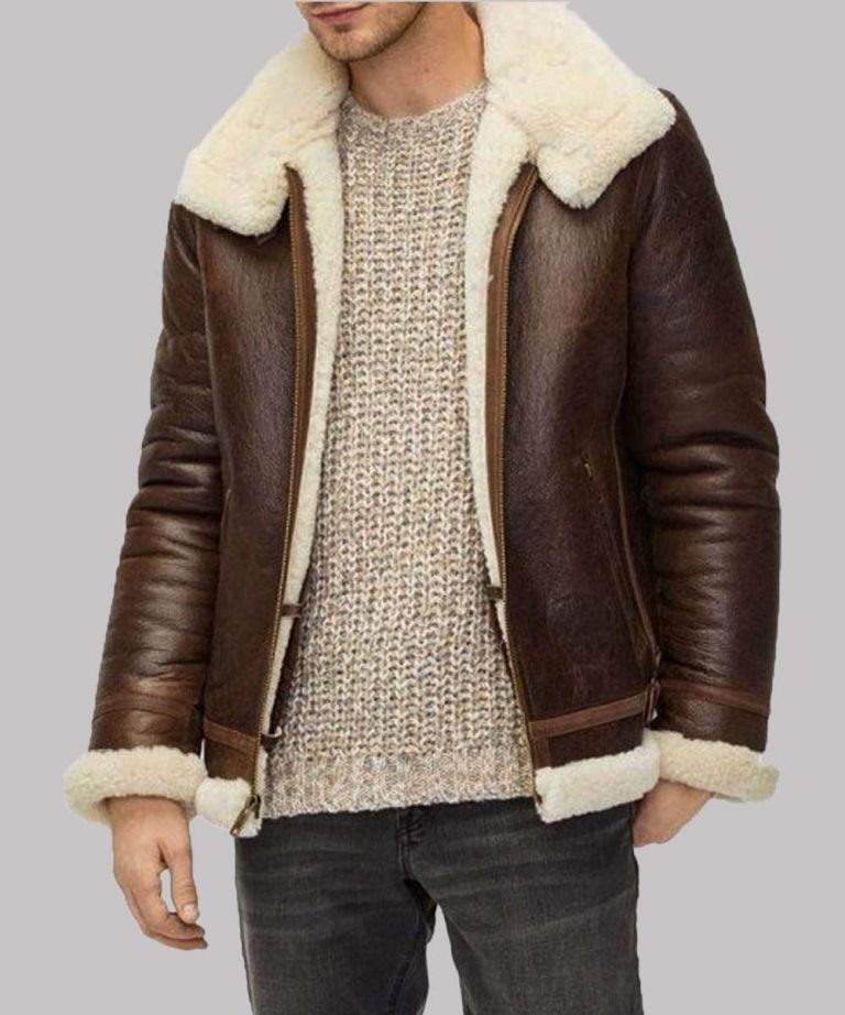 Mens Brown Leather Aviator White Faux Shearling Jacket
