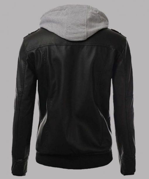 Mens Black Leather Slimfit Biker Jacket with Hood