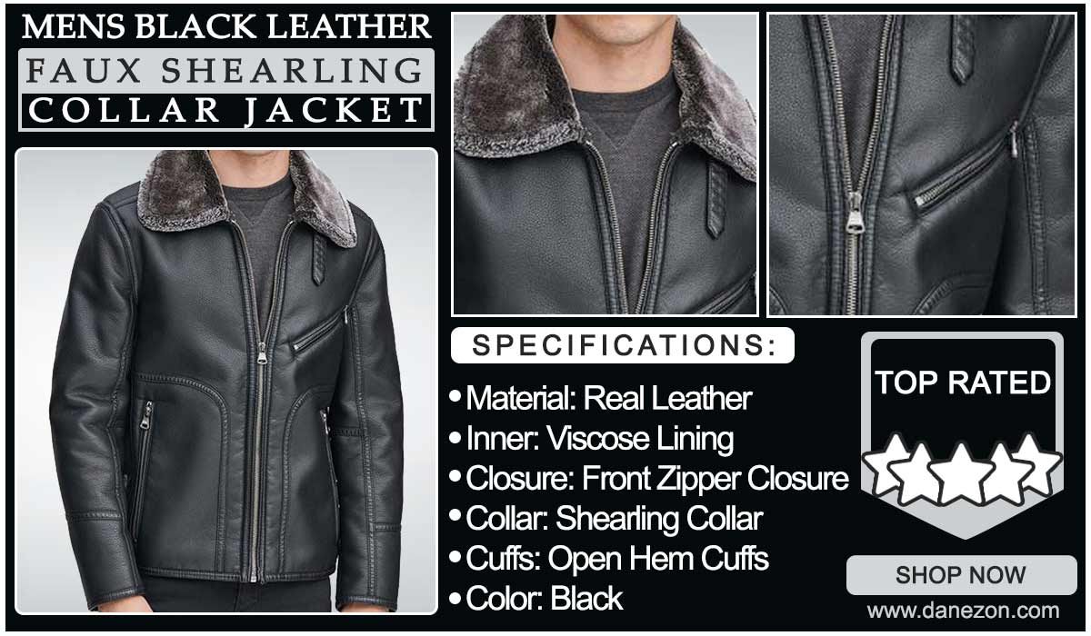 Mens Black Shearling Collar Leather Jacket
