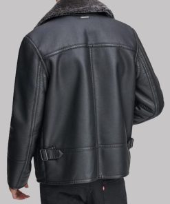Mens Faux Shearling Collar Black Genuine Leather Jacket