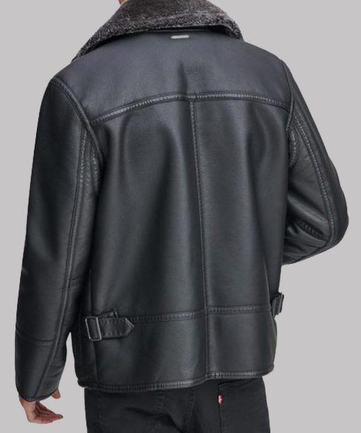 Mens Faux Shearling Collar Black Genuine Leather Jacket