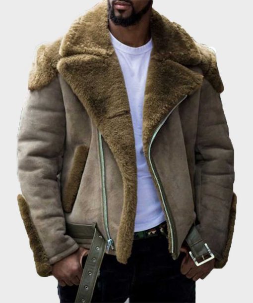 Mens Casual Shearling Beige Leather Jacket