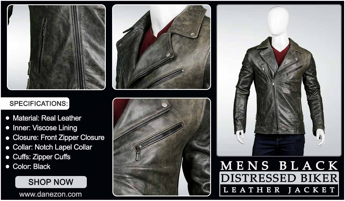 Mens Black Distressed Biker Leather Jacket