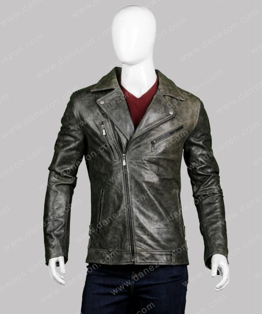 Men's Black Biker Distressed Leather Jacket