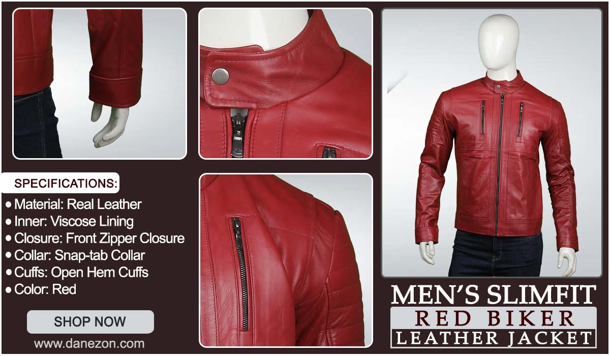 Mens Slimfit Red Biker Leather Jacket