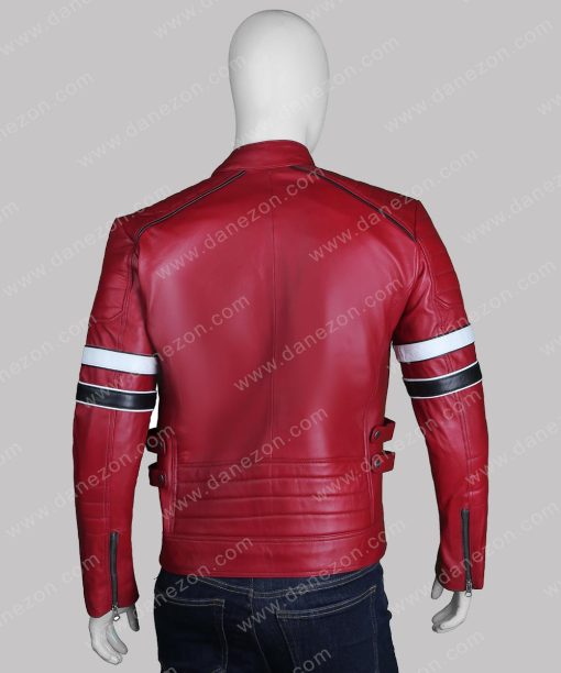 Mens Black & White Stripes Red Leather Jacket