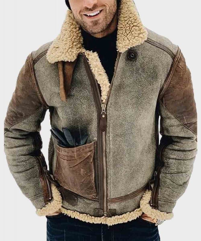 Mens Brown Faux Fur Leather Jacket | Mens Brown Shearling Jacket