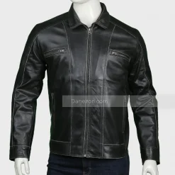 Shirt Collar Mens Black Leather Jacket