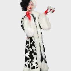 Cruella De Vil Black Dot White Long Fur Coat