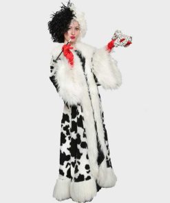 Cruella De Vil Black Dot White Long Fur Coat