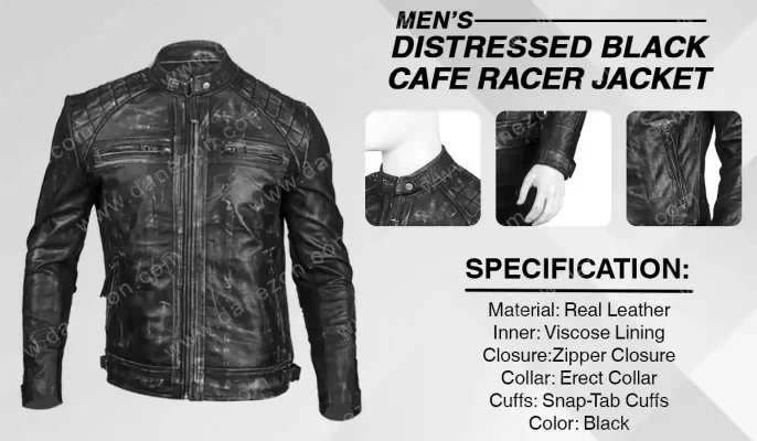 Distressed Black Cafe Racer Leather Jacket