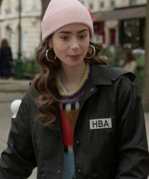 Emily In Paris Lily Collins Black HBA Logo Jacket
