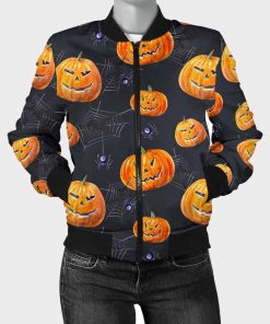 Pumpkin Printed Halloween Spider Bomber Jacket