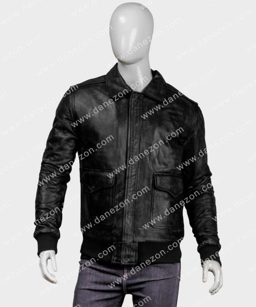 Mens Aviator Distressed A2 Black Bomber Leather Jacket