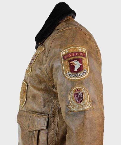 Mens Aviator Bomber Leather Jacket with Patches