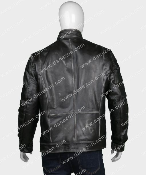 Mens Black Zipper Pocket Leather Jacket with High Neck Collar