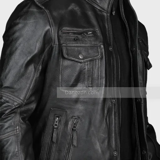 Zipper Pocket Black Leather Jacket Mens