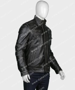 Black Zipper Pocket Mens Leather Jacket